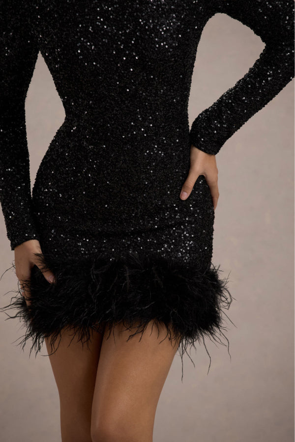 Party Must-have Sequin Long Sleeve Feather Trim Stretch Mini Dress