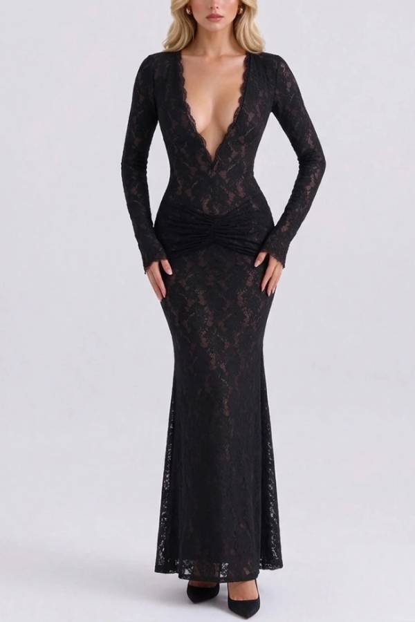 Black Lace Deep Plunge V-Neck Long Sleeve Ruched Bodycon Maxi Evening Dress