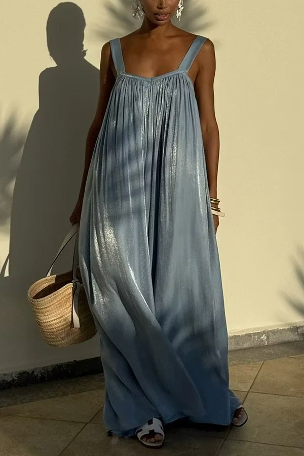 Pearlescent Luster Satin Wide Strap Open Back Loose Maxi Dress