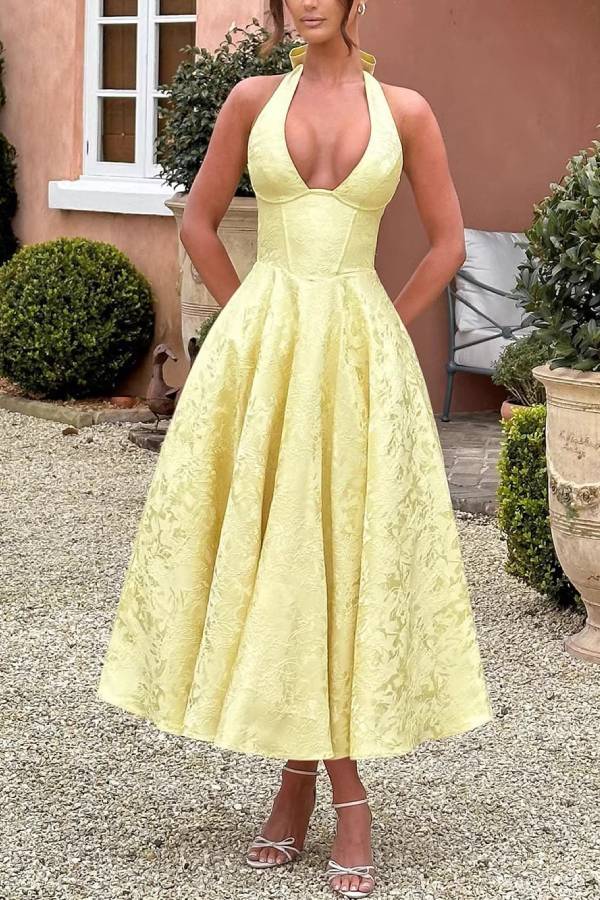 Halter Deep V Jacquard Waisted Midi Evening Dress