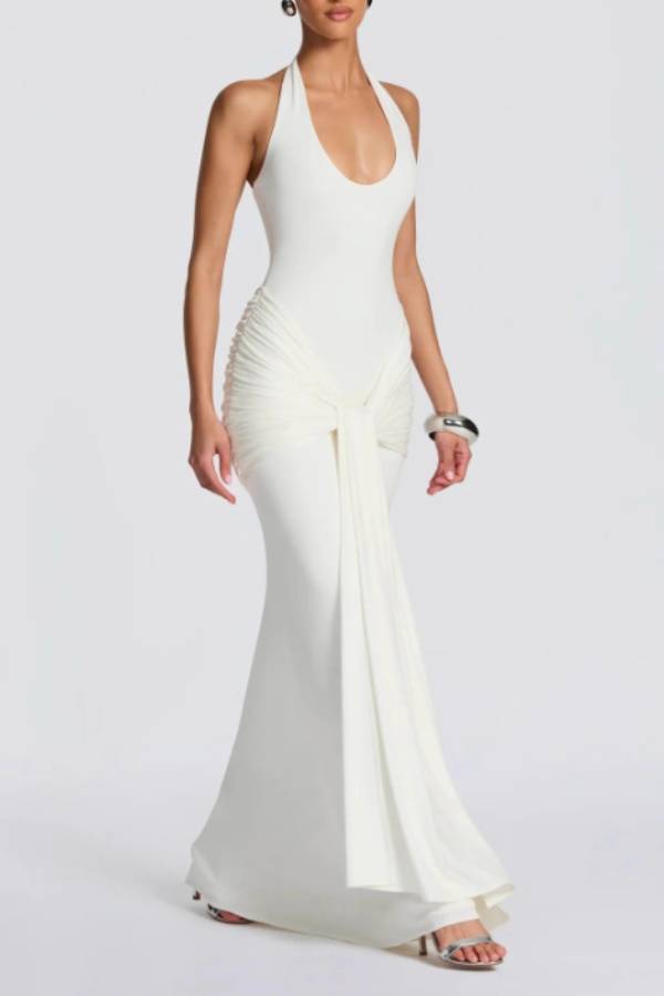 Halter Neck Ruched Tie-Detail Bodycon Gown
