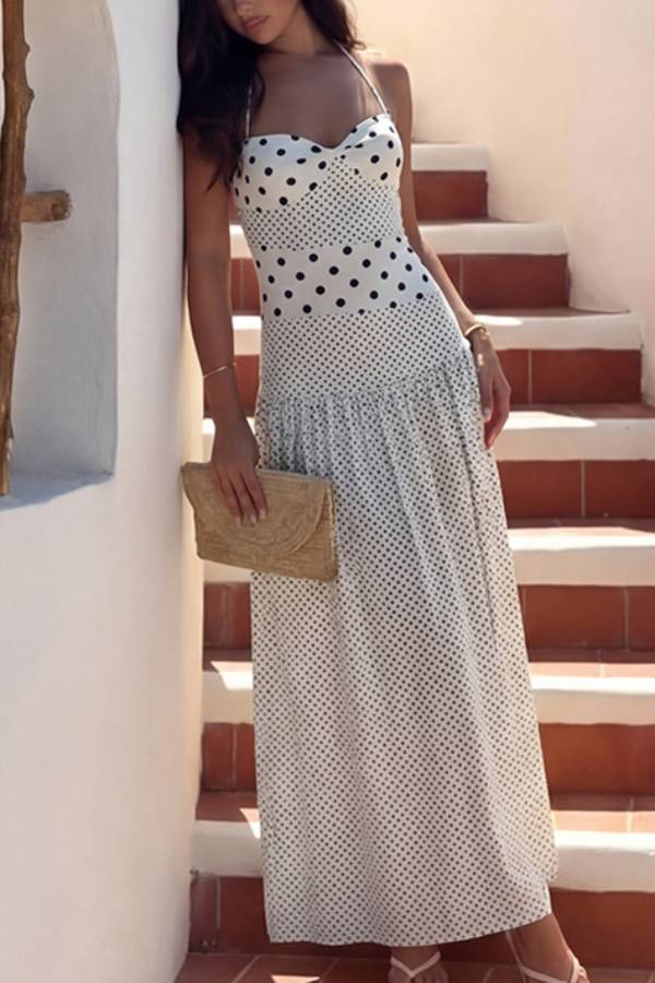 Retro Polka Dot Halter Neck Bustier Maxi Dress