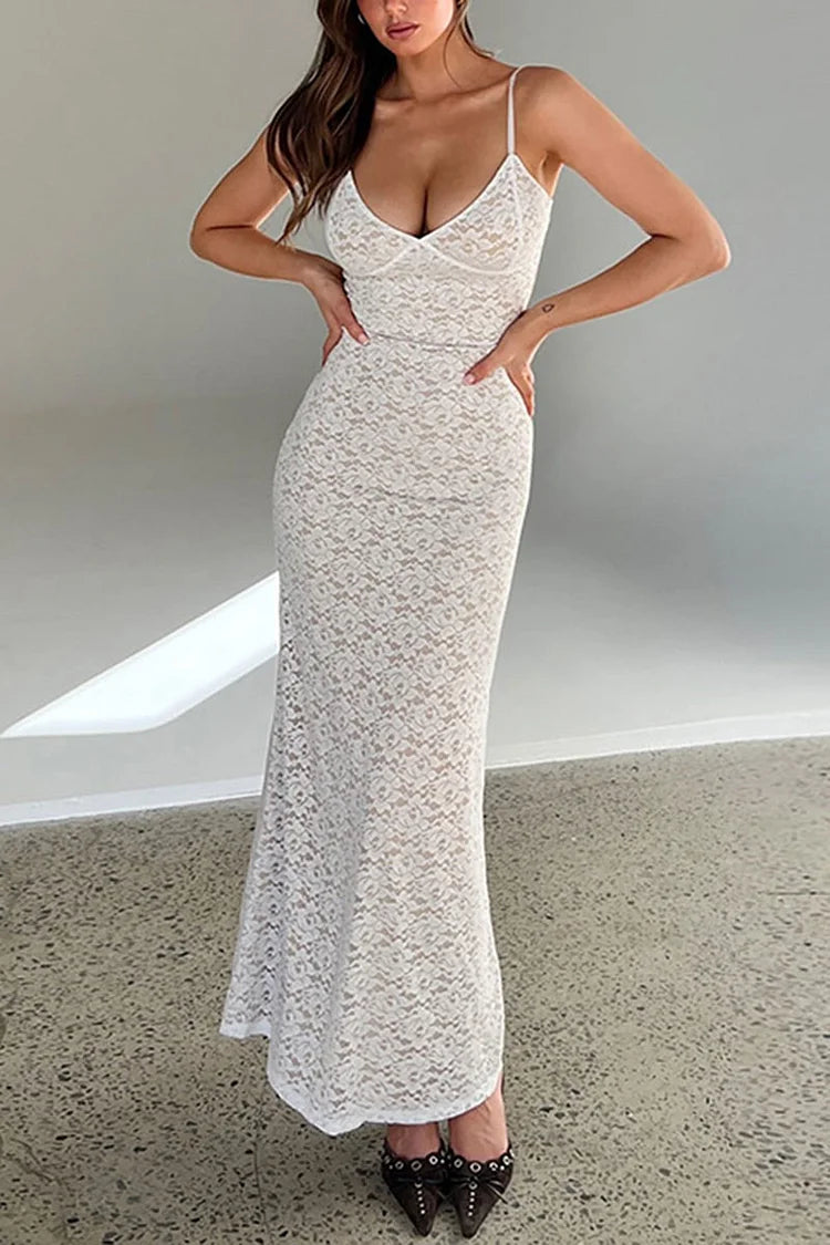 Robe longue moulante en dentelle guipure à col en V pour fête d'anniversaire - Noir 