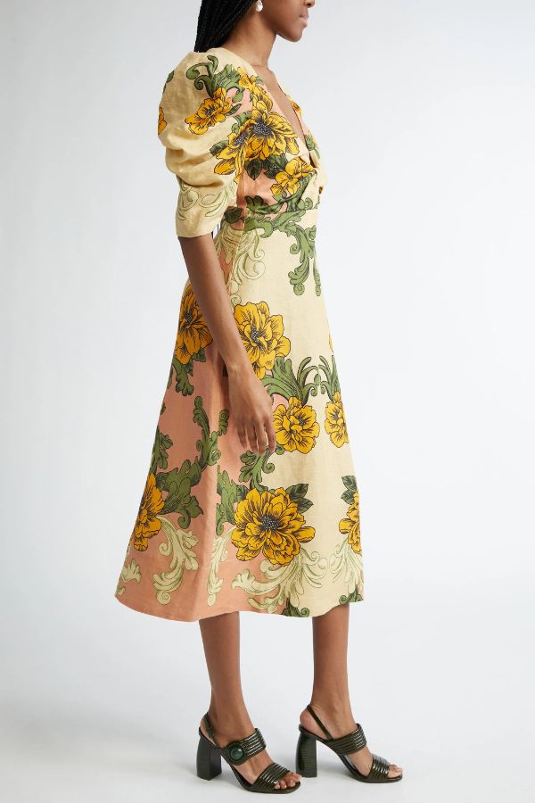 Flower Vine Linen Blend Unique Print Twist Cutout Neck Puff Sleeve Midi Dress