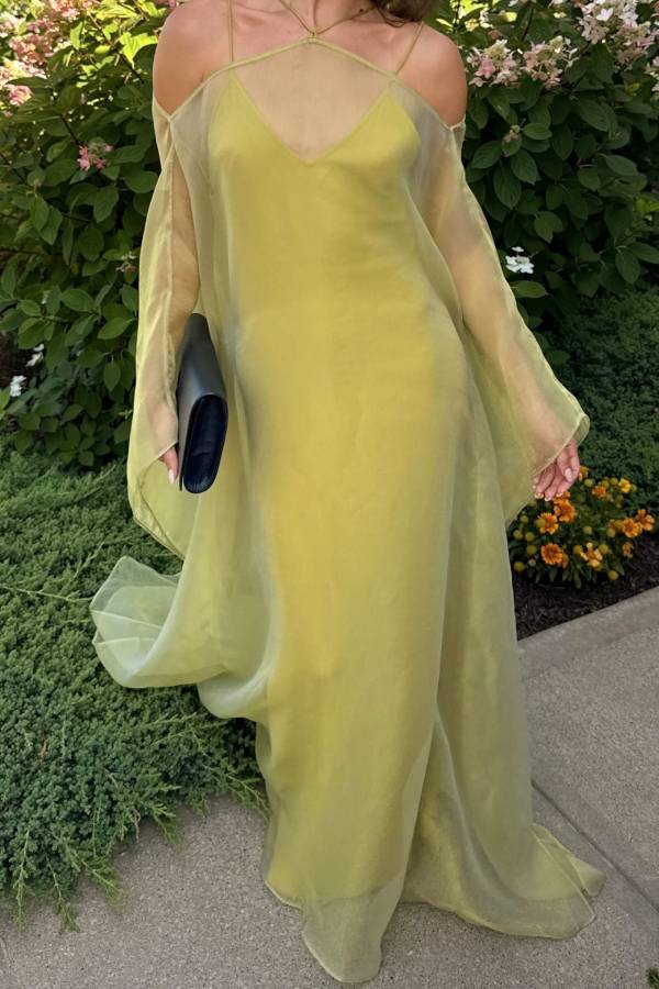 Halter Off‑Shoulder Sheer Mesh Two‑Piece Evening Maxi Dress
