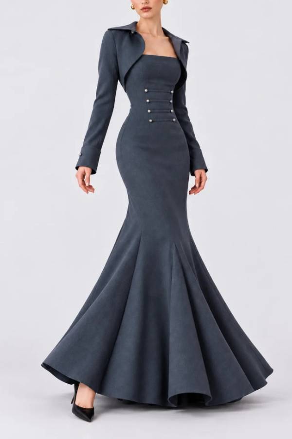 Charcoal Grey Cropped Bolero Jacket and Mermaid Maxi Dress Two Piece Set