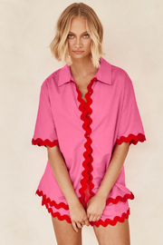 Colorblock Ripple Trim Short Sleeve Blouse Casual Shorts Matching Set