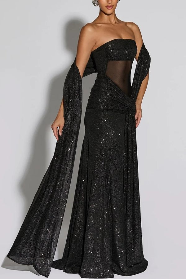 Paula Sequined Mesh and Jersey Off Shoulder Ruched Knot Drape Shawl Maxi Dress