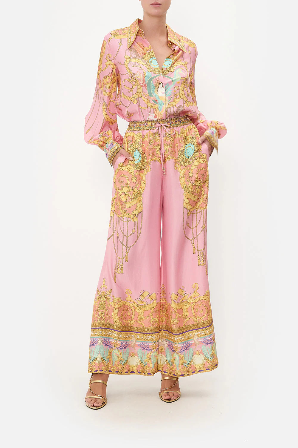 Mermaid Motel Unique Print Long Sleeve Loose Shirt and Elastic Waist Pants Set