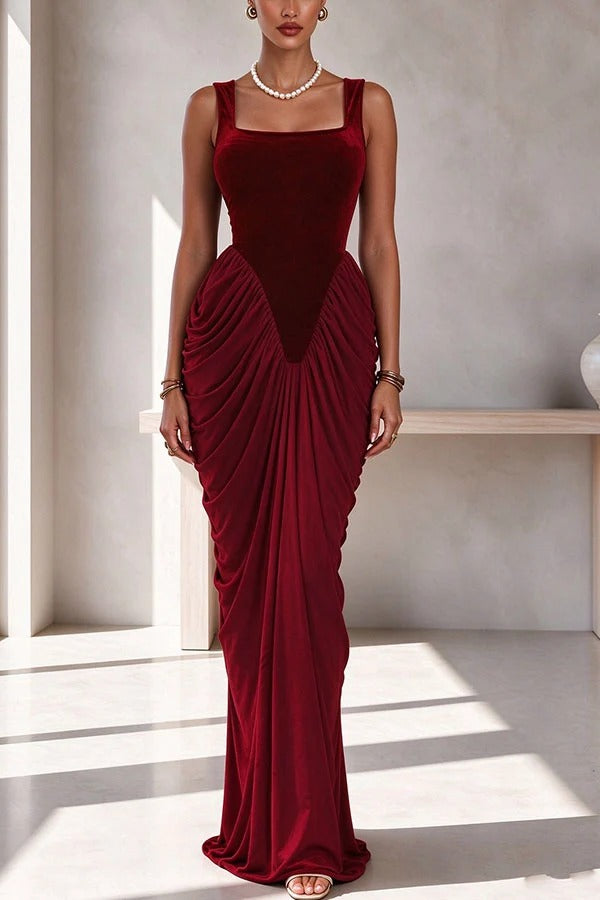 Eira Velvet Square Neck Ruched Drape Hem Maxi Dress