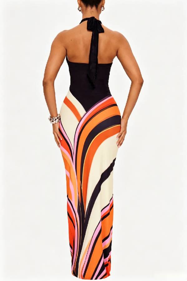 Summer Newness Colorblock Swirl Print Halter Neck Stretch Maxi Dress