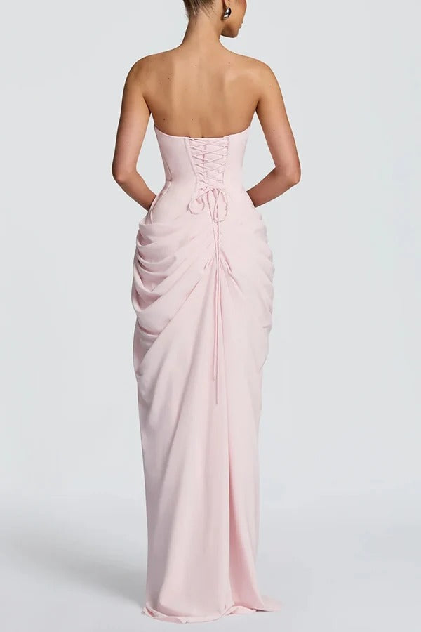 Cyra Chiffon Back Lace-up Asymmetrical Pleats Strapless Slit Maxi Dress