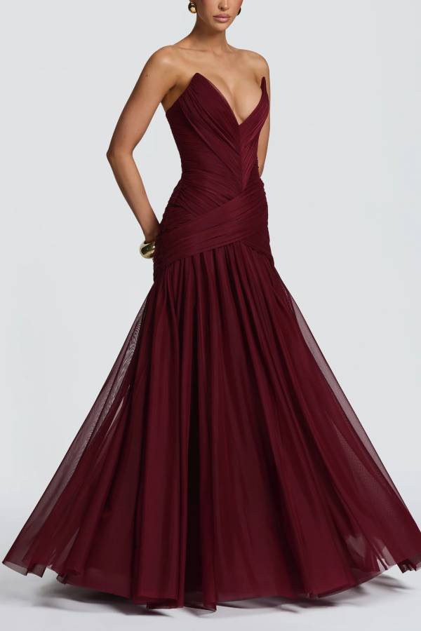 Persephara Pleated Tulle Sweetheart Neck Strapless Back Lace-up Maxi Dress
