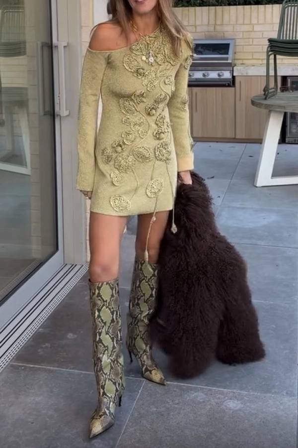 Olive Green 3D Floral Applique One Shoulder Long Sleeve Mini Dress
