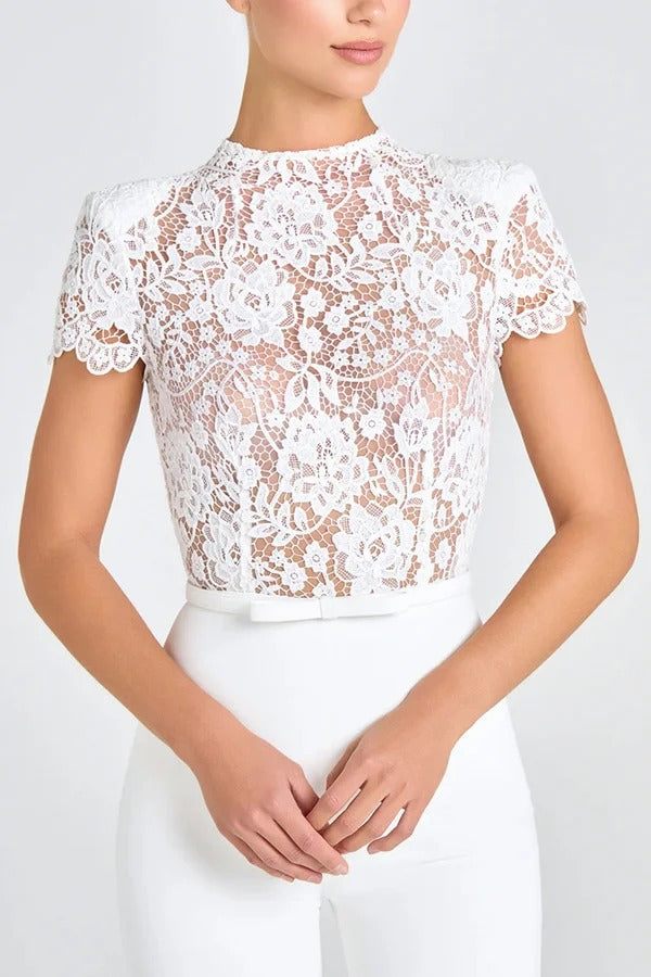 Party Charmer Flower Lace Patchwork Short Sleeve Bow Belted Flare Jumpsuit