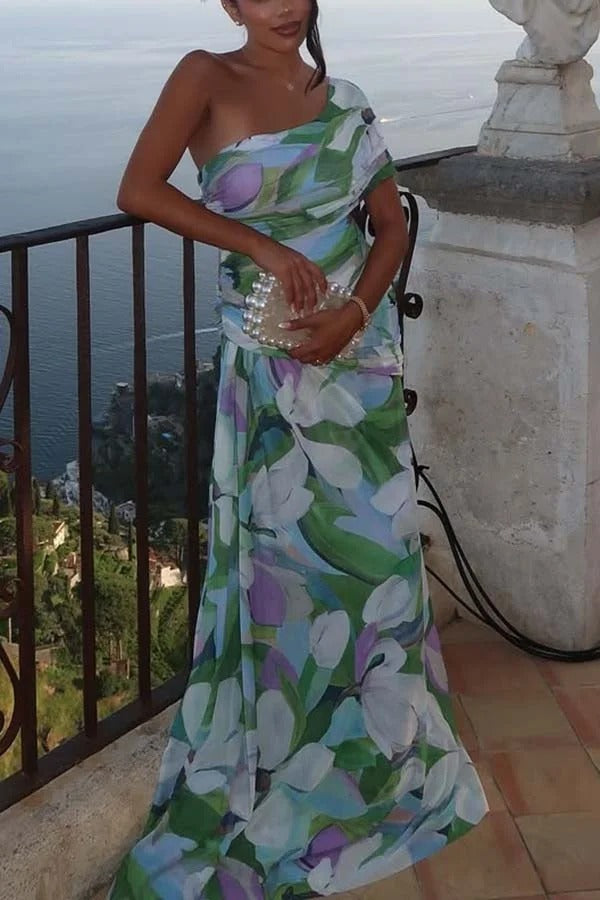 Sunshine and Wine Mesh Floral Print Off Shoulder Ruched Stretch Maxi Dress