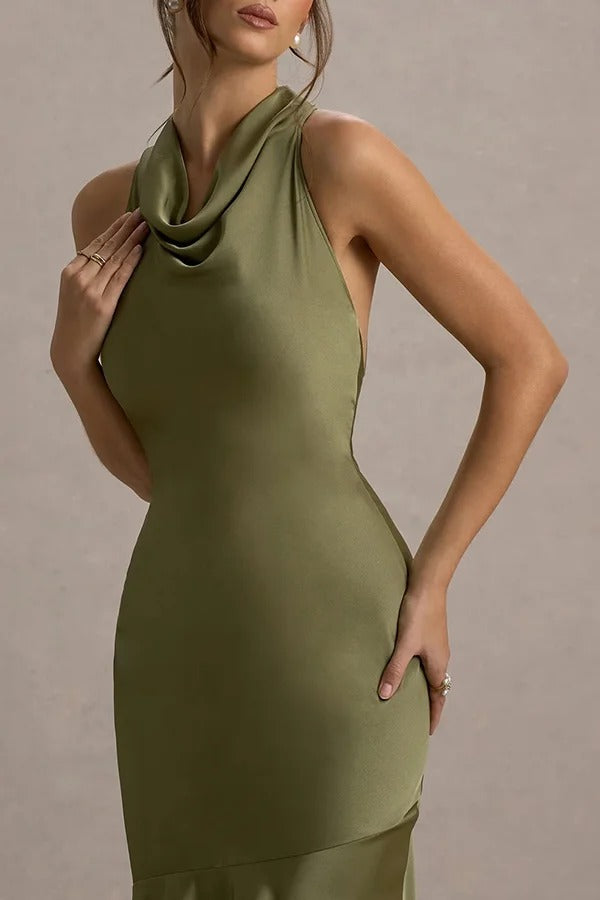 Timeless Sophistication Satin Cowl Detail Back Self-tie Halter Neck Maxi Dress