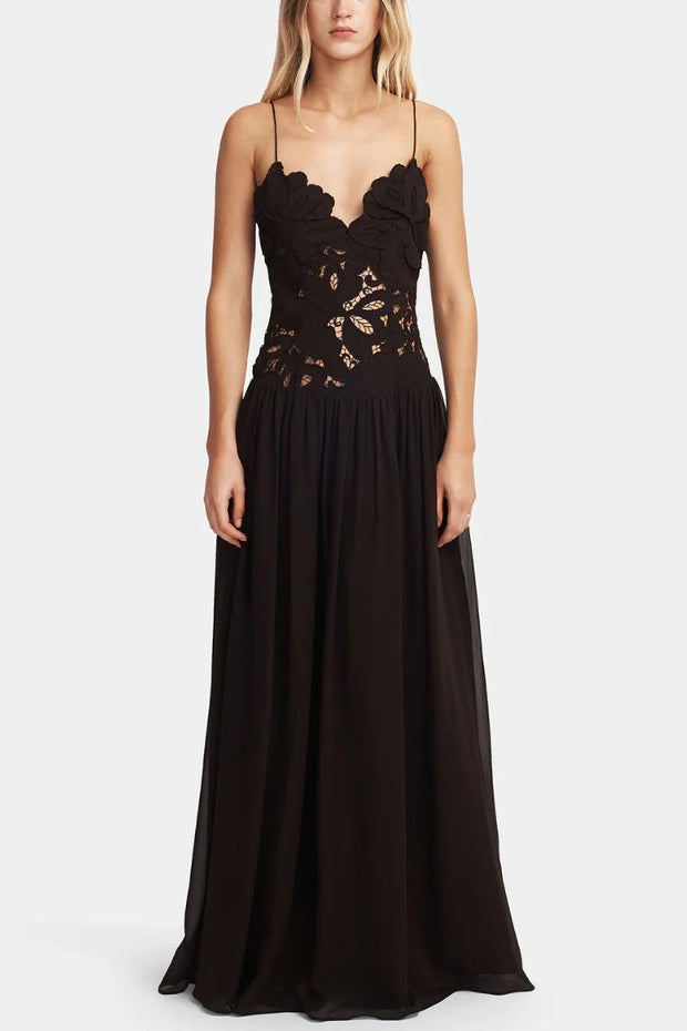 Stephanie Flower Crochet Lace Bust Chiffon Fluffy Hem Maxi Dress