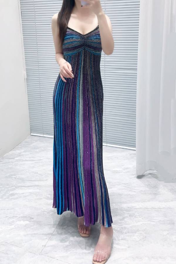 Iridescent Striped Knit Spaghetti Strap Maxi Dress