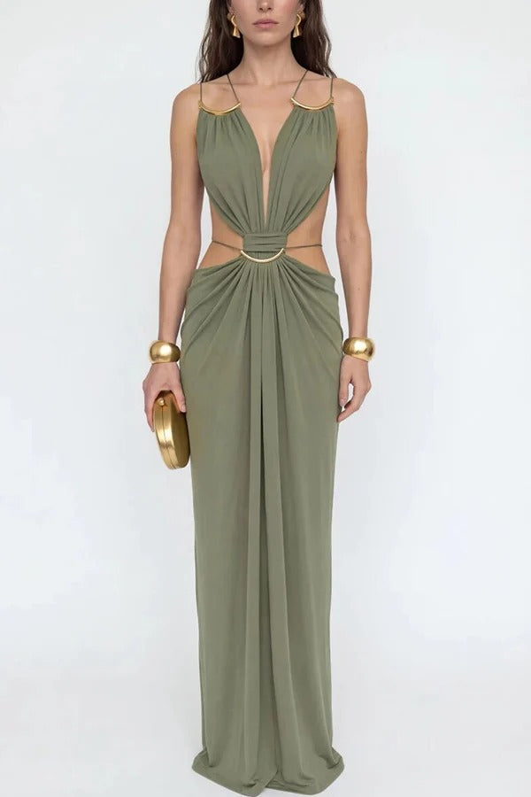 Athena Metal-Link Cutout Design Back Lace-up Drape Maxi Dress