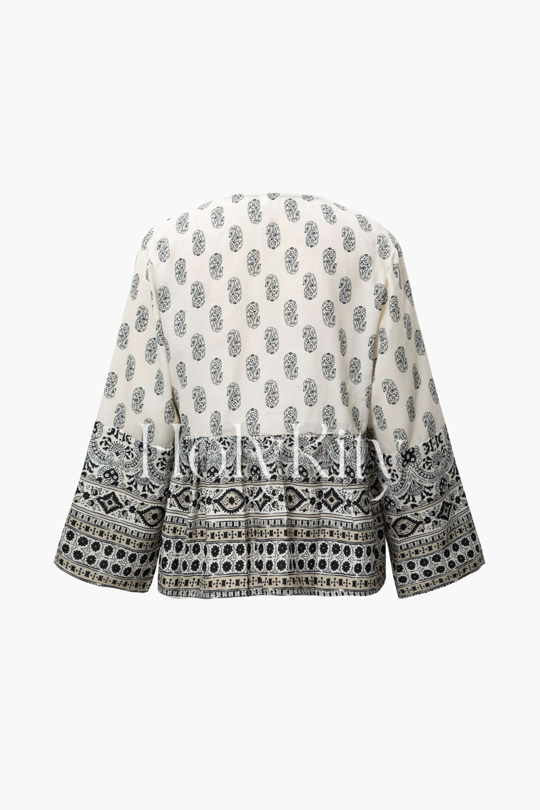 Bedruckte Bluse mit V-Ausschnitt und Bindeband vorne 