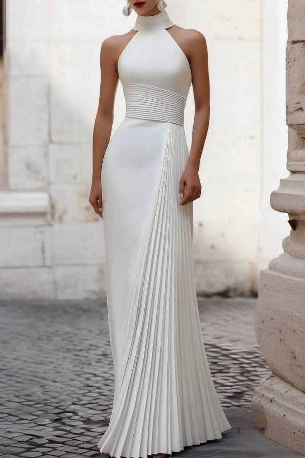 High Neck Halter Waist‑Cinched Pleated Long Evening Gown