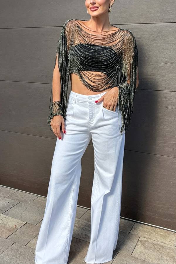 Sparkling Rhinestone Embellished Drape Tassel Batwing Sleeve Loose Crop Cover-up