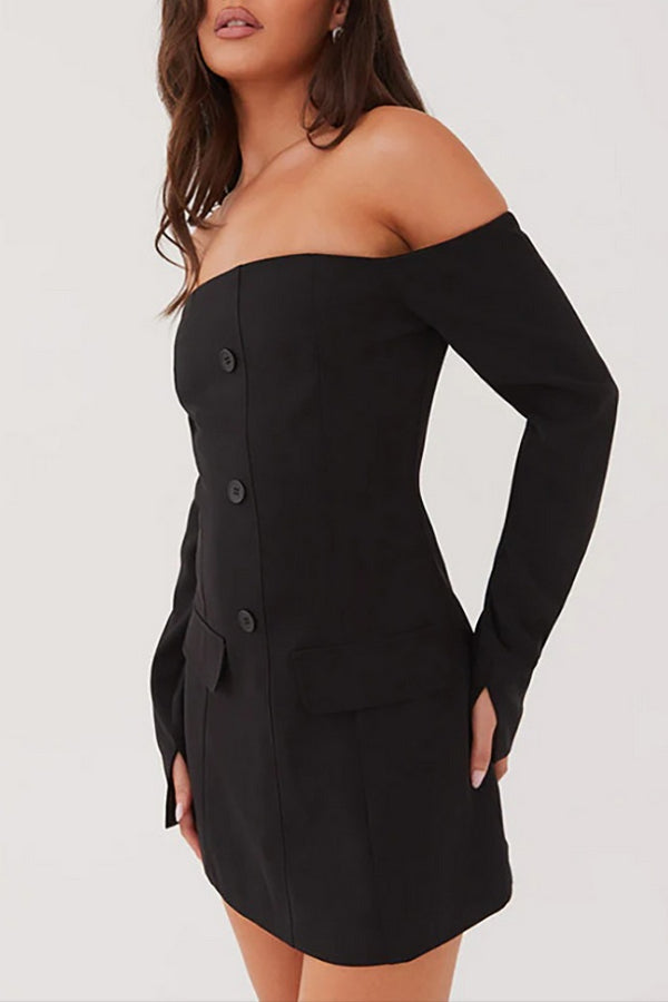 Off Shoulder Long Sleeve Button Up Decorative Flap Pockets Mini Dresses-Brown