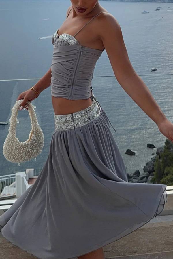 High Waist Heavy Beaded Sequin Waistband Chiffon Swing Midi Skirt