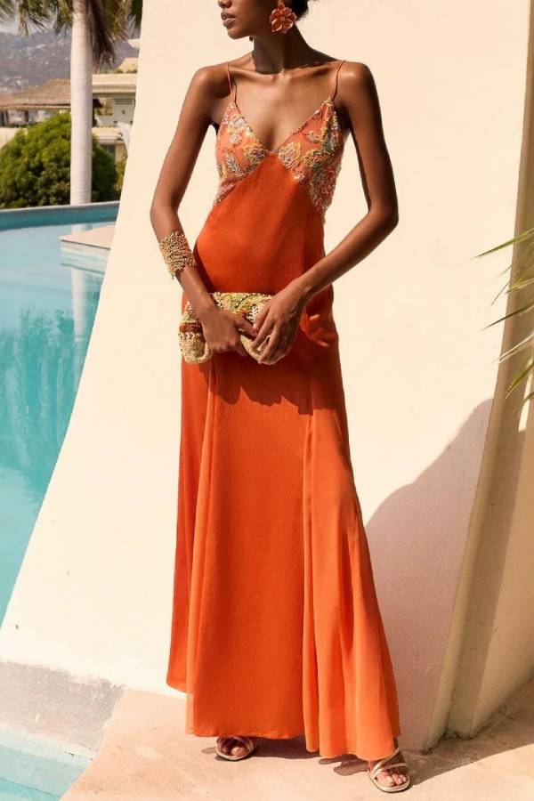 Orange Printed Patchwork Spaghetti Strap Open Back Maxi Dress