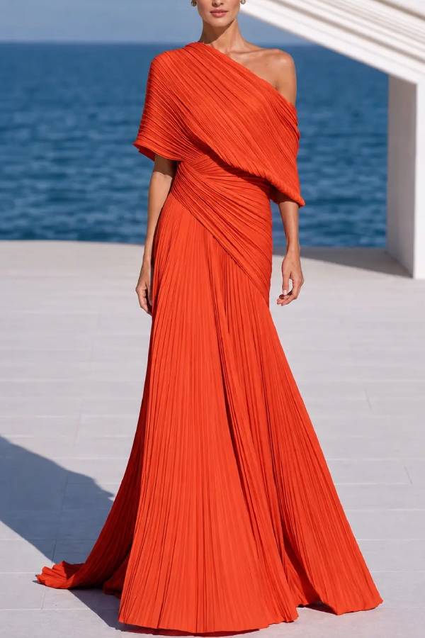 Grecian Gown Pleated One Shoulder Twist Waist Drape Maxi Dress
