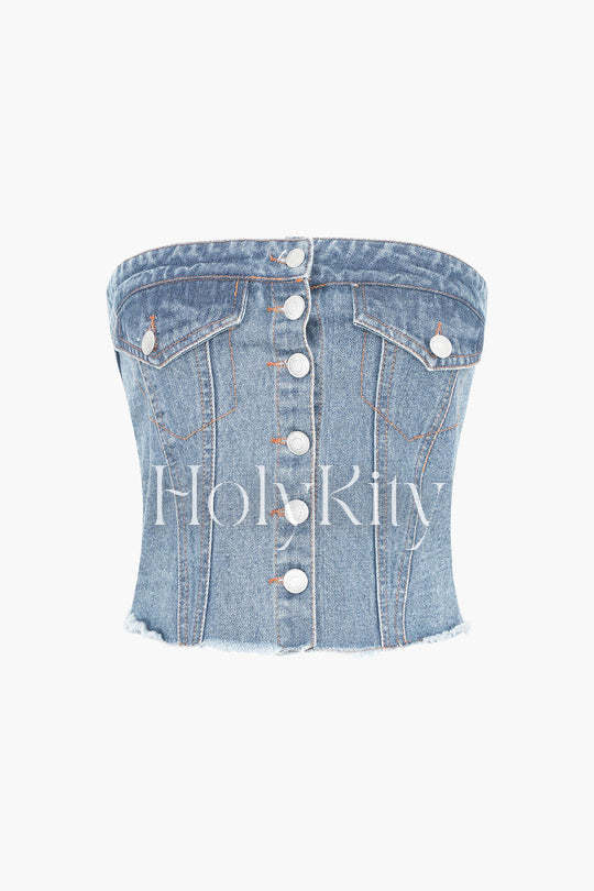 Haut bustier en jean à ourlet effiloché 