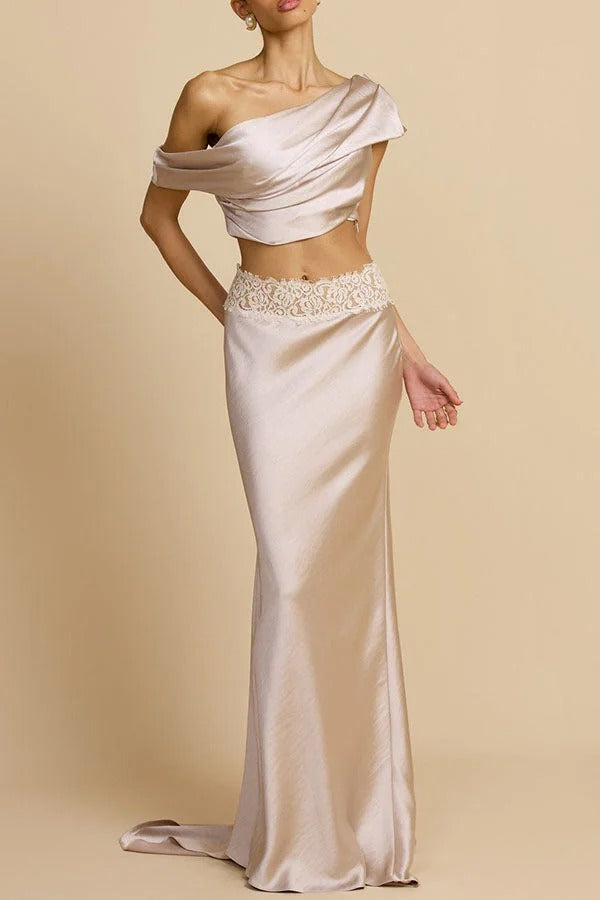 Anaya Satin Asymmetrical Off Shoulder Cropped Top and Lace Trim High Rise Maxi Skirt Set