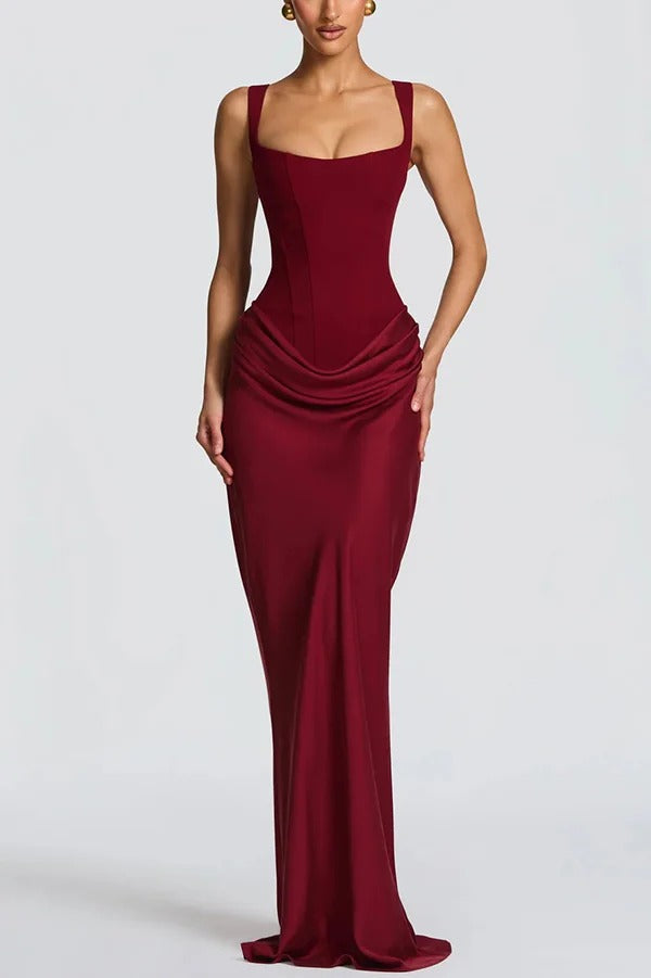 Larrah Square Neck Back Lace-up Satin Drape Hem Maxi Dress