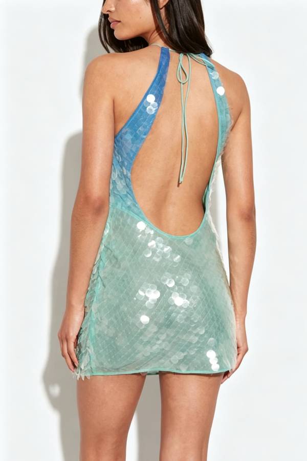 Aegean Mermaid Gradient Sequins Cutout Cowl Neck Halter Backless Mini Dress