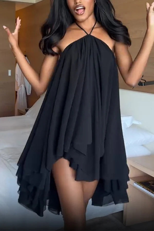 Chiffon Solid Color Halter Backless Irregular Mini Dress