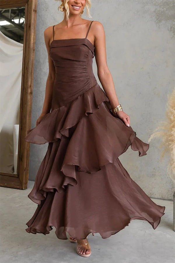 Arlow Multi-layered Ruffles Square Neck Slip Maxi Dress