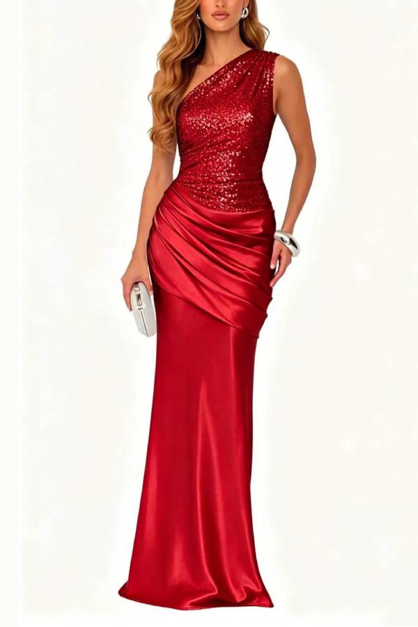 One‑Shoulder Sequin Satin Mermaid Evening Gown