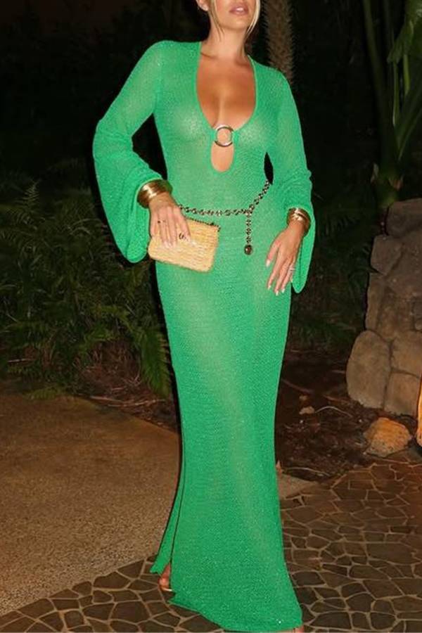 Mesh Cutout Ring Detail Flare Sleeve Slit Maxi Cover-Up Dress