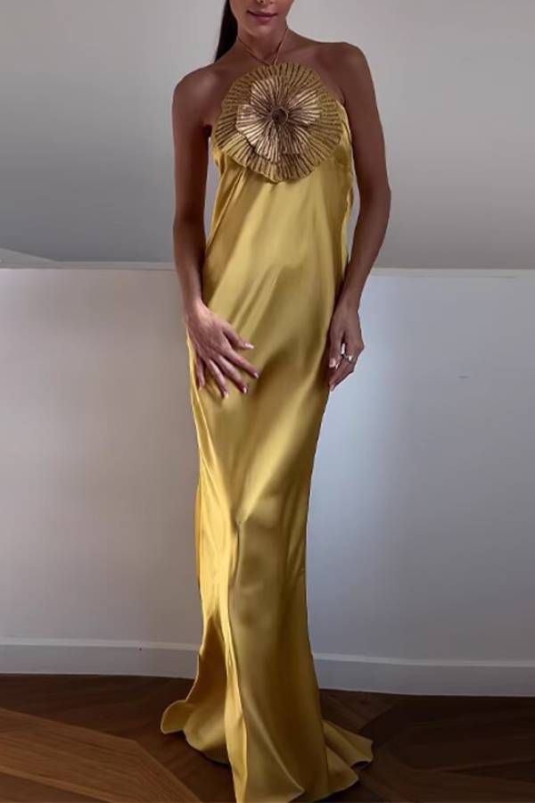 Ginger Satin 3D Flower Halter Neck Maxi Evening Dress
