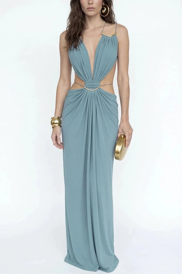 Athena Metal-Link Cutout Design Back Lace-up Drape Maxi Dress