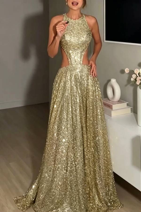 Dazzling Night Sequin Crew Neck Cutout Waist Open Back Flare Maxi Dress