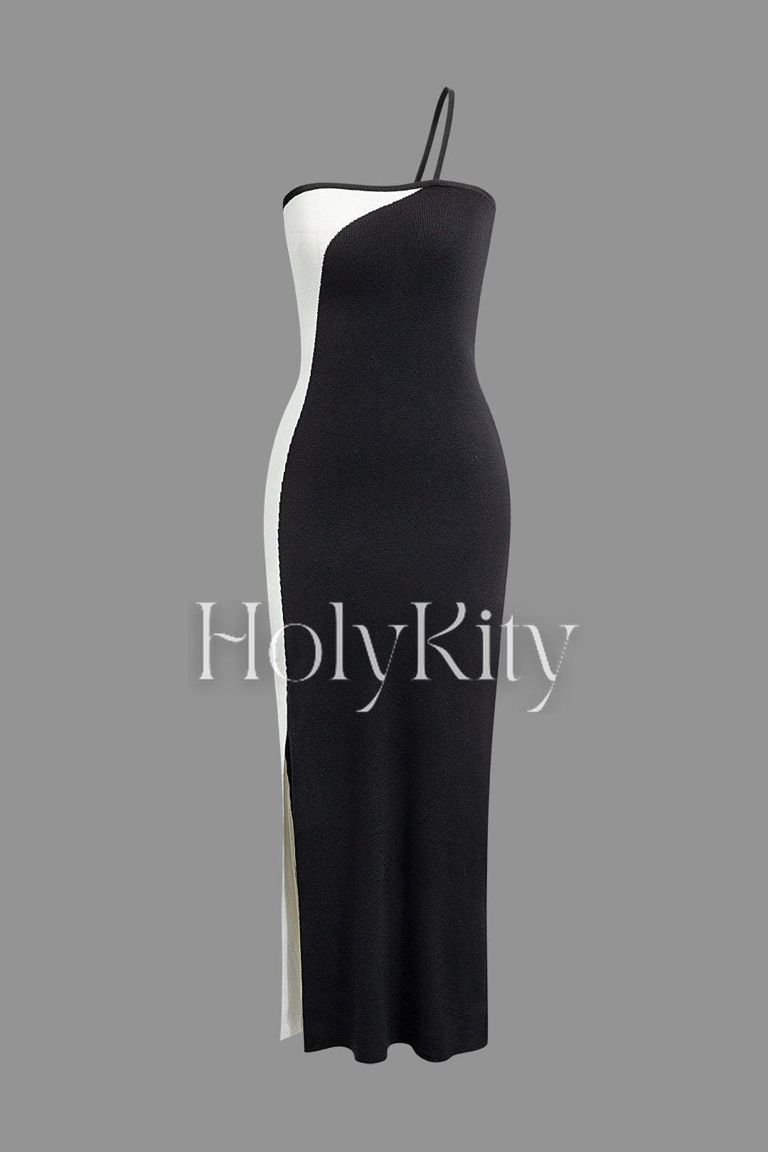 Contrast One Shoulder Cami Slit Knit Maxi Dress