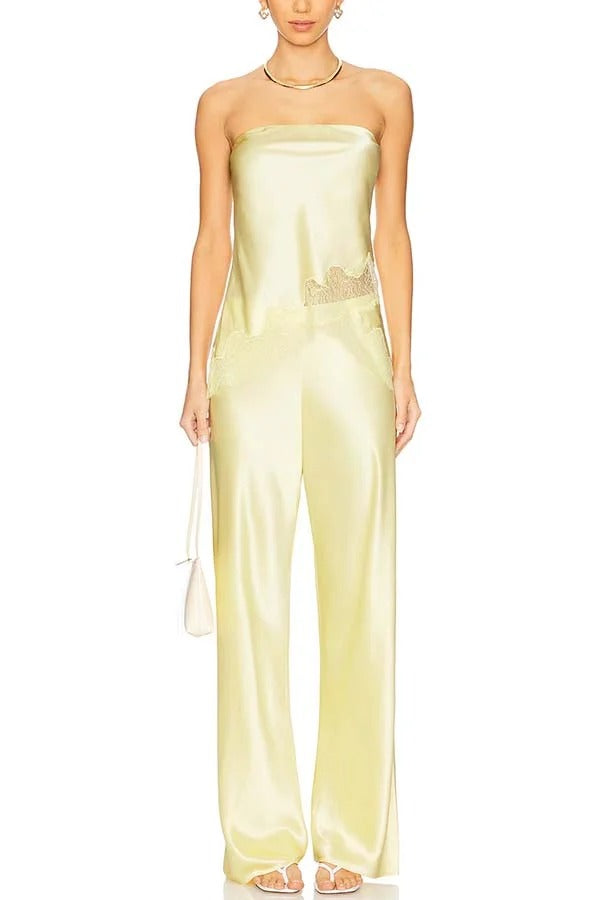 Odessa Satin Floral Lace Hem Strapless Tank and Mid Rise Wide Leg Pants Set
