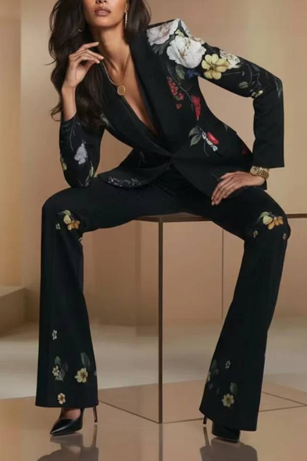 Black Floral Print Shawl Lapel Blazer & High‑Waist Flare‑Leg Pant Suit Set