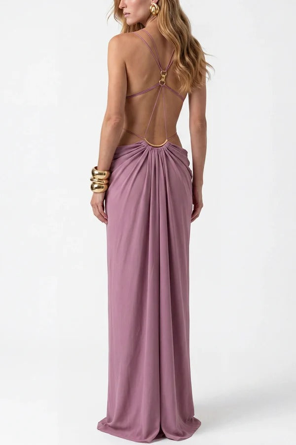 Athena Metal-Link Cutout Design Back Lace-up Drape Maxi Dress