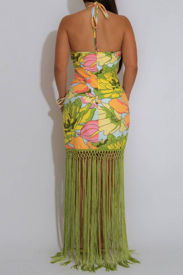 Print Halter Fringe Bodycon Maxi Dress