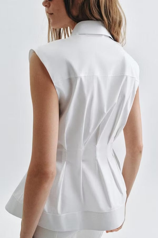 Devon Lapel Button Up Sleeveless Pleated Waist Flare Hem Shirt