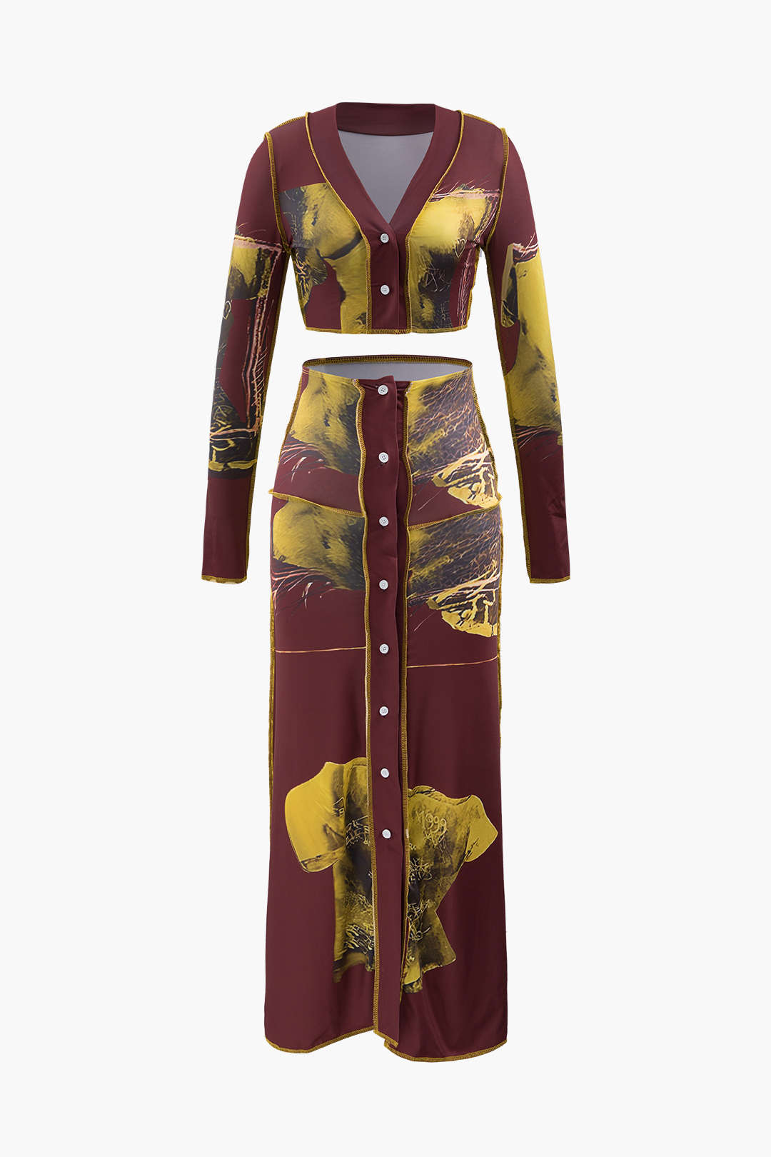 Sculpture Print Stitching Crop Top And Maxi Skirt Set