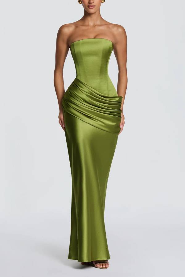 Ella Satin Detachable Asymmetric Off Shoulder Drape Panel Back Lace-up Maxi Dress